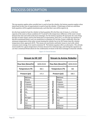 PROCESS DESCRIPTION
Page 23
Q=M*H
The top equation applies when sensible heat is used to heat the reboiler, the bottom equation applies when
latent heat (in this case of vaporization) is used to heat the reboiler. If both types of heat are used then
both equations will be applied simultaneously, such that their sum will be equal to Q.
Q is the heat needed to heat the reboiler (a fixed quantity), M is the flow rate of steam, Cp is the heat
capacity of the water at those conditions (P, T) and ΔT is the temperature difference of the water stream
between the inlet and outlet of the heat exchanger. For the bottom equation, M represents the same thing,
the flow of water-steam, and H is the latent heat of vaporization. Since H>Cp, to solve the top equation so
that M is minimized (lower cost), we would have to maximize ΔT, but this creates a difficulty, since the
minimum temperature of the water stream heating the reboiler has to be 20 F hotter than the reboiler
temperature (min. approach=20 F). This means we need hotter and hotter steam to start with, which
consumes more energy, if we want to minimize M. The bottom equation offers an alternative. M is already
much smaller for a given temperature of steam, because H is relatvely large, and solving this equation we
can find a minimum M that allows for the condensation of steam in the heat exchanger to heat the reboiler.
Figure 24: Steam Streams
Methane 0
Ethane 0
Propane 0
n-Butane 0
n-Pentane 0
CO2 0
SO2 0
O2 0
Nitrogen 0
H2O 1
H2S 0
DEAmine 0
DEGlycol 0
Compenents(MoleFraction)
18294.05333
Stream to HX 107
Flow Rate (lbmol/hr)
Temperature (°F) 360.1
Pressure (psi) 171.3
Methane 0
Ethane 0
Propane 0
n-Butane 0
n-Pentane 0
CO2 0
SO2 0
O2 0
Nitrogen 0
H2O 1
H2S 0
DEAmine 0
DEGlycol 0
Stream to Amine Reboiler
Flow Rate (lbmol/hr)
Temperature (°F) 368
Pressure (psi) 168.3
Compenents(MoleFraction)
18294.05333
 