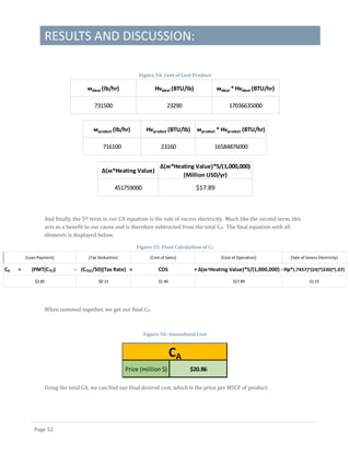 RESULTS AND DISCUSSION:
Page 52
Figure 54: Cost of Lost Product
And finally, the 5th term in our CA equation is the sale of excess electricity. Much like the second term, this
acts as a benefit to our cause and is therefore subtracted from the total CA. The final equation with all
elements is displayed below.
Figure 55: Final Calculation of CA
When summed together, we get our final CA.
Figure 56: Annualized Cost
Using the total CA, we can find our final desired cost, which is the price per MSCF of product.
ᴍideal (lb/hr) Hvideal (BTU/lb) ᴍideal * Hvideal (BTU/hr)
731500 23290 17036635000
ᴍproduct (lb/hr) Hvproduct (BTU/lb) ᴍproduct * Hvproduct (BTU/hr)
716100 23160 16584876000
Δ(ᴍ*Heating Value)
Δ(ᴍ*Heating Value)*5/(1,000,000)
(Million USD/yr)
451759000 $17.89
(Loan Payment) (Tax Deduction) (Cost of Sales) (Cost of Operation) (Sale of Excess Electricity)
$2.85 $0.13 $1.40 $17.89 $1.15
CA = (PMT(CTCI) - (CTDC/50)(Tax Rate) + COS + Δ(ᴍ*Heating Value)*5/(1,000,000) - Hp*(.7457)*(24)*(330)*(.07)
Price (million $) $20.86
CA
 