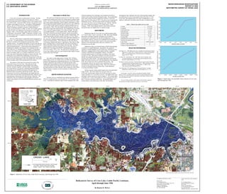 U.S. DEPARTMENT OF THE INTERIOR
U.S. GEOLOGICAL SURVEY
Bathymetric Survey of Cross Lake, Caddo Parish, Louisiana,
April through June 1996
By Benton D. McGee
Copies of this report can be purchased
from:
U.S. Geological Survey
Branch of Information Services
Box 25286
Denver, Colorado 80225
E-mail: infoservices@usgs.gov
Fax: (303) 202-4188
Telephone (toll free): 1-888-ASK-USGS
WATER-RESOURCES INVESTIGATIONS
REPORT 01-4063
BATHYMETRIC SURVEY OF CROSS LAKE
Prepared in cooperation with the
CITY OF SHREVEPORT
DEPARTMENT OF OPERATIONAL SERVICES
For additional information, contact:
District Chief
U.S. Geological Survey
3535 S. Sherwood Forest Blvd., Suite 120
Baton Rouge, Louisiana 70816
E-mail: dc_la@usgs.gov
Telephone: (225) 389-0281
Fax: (225) 389-0706
INTRODUCTION
Cross Lake is located in northwestern Louisiana. The lake
was formed by constructing a dam on Cross Bayou in 1926 to
provide an adequate source of drinking water for the residents of the
City of Shreveport. At present (2001), the lake is the primary source
of public water supply for the city. According to 1999 population
statistics, the City of Shreveport had an estimated population of
196,667 (Northeast Louisiana University, Uniform Resource
Locator accessed October 12, 2000). In 1995, 30.36 million gallons
per day of water were withdrawn from the lake (Lovelace and
Johnson, 1996, p. 110) for public supply (Darren Fortenberry, City
of Shreveport, oral commun., 2000). Furthermore, the lake is used
for flood control, and it is a popular recreational area for the city and
the surrounding area.
The City of Shreveport is responsible for the management of
Cross Lake. An understanding of current hydrologic conditions of
the lake is essential to the management and protection of this
valuable resource. The quantity and quality of water in the lake are
important concerns to those who use this water body for municipal
and recreational purposes. Current and accurate information is
fundamental to planners and managers for evaluating the lake. In
April 1996, the U.S. Geological Survey (USGS), in cooperation
with the City of Shreveport, Department of Operational Services,
began a two-phase study to (1) conduct a bathymetric survey of
Cross Lake and (2) determine the quality of water in the lake. The
bathymetric survey defined the morphology of Cross Lake to
provide basic information on the physical characteristics of the lake
and to aid in the interpretation of the water-quality data. The results
of the two-phase study will be documented in two reports.
The purpose of this report is to present the results of the
bathymetric survey of Cross Lake. Data collected for the
construction of the bathymetric map included water-surface
elevation, latitude, longitude, and water depth. Hydrographic
surveying software was used for combining differential global
positioning system (DGPS) information with digital survey
fathometer data to accurately map the lake bottom. Data were
referenced to sea level by subtracting the water depth from the
water-surface elevation that existed during the data collection, thus
ensuring proper referencing of the data between collections. The
bathymetric map was produced using geographic information
systems, and contours were reviewed and edited for accuracy and
consistency.
Description of Study Area
The study area includes the extent of Cross Lake (fig. 1) and is
located in the northern part of the City of Shreveport in central Caddo
Parish. The City of Shreveport had a total annual rainfall of 44 inches
and a mean annual temperature of 66ºF (degrees Fahrenheit) in 1995.
The average total annual rainfall for the previous five years (1990-94)
was 62 inches at Shreveport (Craig Ross, National Weather Service,
oral commun., 2001). The total annual rainfall during the study was
below the average total annual amount. The elongated lake is oriented
east to west and is approximately 9 mi (miles) in length. The lake
covers approximately 13.4 mi2
(square miles). Much of the lake’s
shoreline is urbanized, particularly along the eastern and southern
areas. The area mainly west of the lake is mostly forested land. The
watershed area that contributes runoff to the lake is 253 mi2
(Sloss,
1971, p. 30). The lake receives inflow from eight major tributaries in
this watershed, including supplemental flow through a pipeline from
nearby Twelvemile Bayou. These tributaries are Paw Paw Bayou,
Cross Bayou, Shettleworth Bayou, Logan Bayou, Piney Bayou, Page
Bayou, Bickham Bayou, and the pipeline from Twelvemile Bayou.
Most of the inflow enters at the western end of the lake. The three
largest tributaries (and their drainage areas) are Paw Paw Bayou
(82.02 mi2
), Cross Bayou (62.43 mi2
), and Shettleworth Bayou
(19.54 mi2
) (Sloss, 1971, p. 30). The lake has two discharge points
(Cross Lake spillway and a city water treatment plant intake), located
at the eastern end of the lake.
Acknowledgments
The author extends appreciation to Robert “Bo” Williams,
former Mayor of the City of Shreveport, and Mike Strong and Wes
Wyche of the Department of Operational Services, City of Shreveport,
for their cooperation and assistance provided during this study.
Additionally, special thanks are given to the personnel of the Cross
Lake Patrol and the Amiss Water Treatment Plant for the direction
provided and the use of their facilities, and to employees of the USGS
office in Ruston, Louisiana, for their assistance in collection and
analysis of data.
WATER-SURFACE ELEVATION
The lake’s level is controlled by the spillway structure which is
189 feet in length and has a crest elevation of 171.19 feet above sea
level. A permanent continuous stage recorder equipped with a data
collection platform and a staff gage were installed on the lake to
monitor water-surface elevation during the study. The recorded daily
mean water-surface elevation ranged from 169.04 to 170.03 feet
above sea level with a mean of 169.71 feet above sea level during the
bathymetric survey. The mean water-surface elevation of the lake
was 170.27 feet above sea level during the years 1984-86, 1989-90,
and 1992-95 (Darren Fortenberry, City of Shreveport, written
commun., 1999), which indicates that the water-surface elevation
during the study was slightly below its annual average.
BATHYMETRY
Bathymetric data for Cross Lake were collected during April
15-17 and 22, May 7 and 13, and June 14, 1996. More than 300,000
data points of latitude, longitude, and depth were recorded to
accurately and comprehensively describe the bathymetry. Using
hydrographic software, transects were established for the lake prior to
data collection; 56 north to south, 4 east to west, and various other
transects, from which bathymetric data were collected, were
distributed across the lake.
Bathymetric data were collected using a DGPS linked through
a computer to a digital fathometer. Specifically, the equipment
included a Trimble Pathfinder ProXL DGPS unit, a Raytheon survey
fathometer, equipped with an Odom digital interface, a portable
computer, and HYPACK hydrographic software. The DGPS
measured spatial position in state plane coordinates with routine
accuracy of 5 feet. State plane coordinates were then converted to
latitude and longitude and projected into universal transverse
mercator units using ArcInfo. The digital fathometer measured the
depth with routine accuracy of 0.1 foot; the fathometer was calibrated
at the start of each survey day to maintain that accuracy. The
hydrographic software was used for survey planning, survey
execution, and storage and editing of data. Data were exported to
ArcInfo for drawing elevation contours (fig. 1) and subsequent
reviewing and editing of results.
Surface area and volume spatial analyses also were performed
using ArcInfo. The water-surface area of Cross Lake was
8,576 acres, and the water volume was 65,807 acre-feet at a water-
surface elevation of 171 feet above sea level. The depth-surface area
and depth-volume relations are shown in figure 2. The average depth
of the lake was 7.7 feet, with a depth of 7.7 feet or greater over more
than 57 percent of the lake-surface area. The greatest depths were
located mainly in the eastern parts of the lake. The shoreline
development index, defined as the ratio of the shoreline length to the
circumference of a circle of area equal to that of the lake, is 5.4 for
Cross Lake. This indicates that Cross Lake’s morphometry is very
elliptical. Additional information about the lake is included in table 1.
SELECTED REFERENCES
Ensminger, P.A., 1999, Bathymetric survey and physical and chemical-related
properties of Caddo Lake, Louisiana and Texas, August and September
1998: U.S. Geological Survey Water-Resources Investigations
Report 99-4217, 1 sheet.
Lovelace, J.K., and Johnson, P.M., 1996, Water use in Louisiana, 1995:
Louisiana Department of Transportation and Development Water
Resources Special Report no. 11, 110 p.
Northeast Louisiana University, Center for Business and Economic Research,
Louisiana parishes and municipalities July 1, 1999, population estimates
published in January 2000: accessed October 12, 2000, at URL
http://leap.ulm.edu/POPHS/pop1999.txt
Sloss, Raymond, 1971, Drainage area of Louisiana Streams: Louisiana
Department of Public Works Basic Records Report no. 6, 117 p.
In this report, “sea level” refers to the National Geodetic Vertical
Datum of 1929--a geodetic datum derived from a general adjustment of the
first-order level nets of both the United States and Canada, formerly called
Sea Level Datum of 1929.
Any use of trade, product, or firm names is for descriptive purposes
only and does not imply endorsement by the U.S. Government.
Table 1. Physical description of Cross Lake
Latitude 32o 30 30Å
Longitude 93o
50 00Å
Lake-surface area 13.4 mi2
Watershed area 253 mi2
Shoreline length 70.4 mi
Maximum depth 18.3 feet
Average depth 7.7 feet
Watershed area to lake surface area ratio 19
Shoreline development index 5.4
Lake volume 65,807 acre-feet
Number of major tributaries 8
Number of major discharge points 2
Figure 2. Depth-surface area and depth-volume relations of Cross Lake,
April through June 1996.
Figure 1. Bathymetry of Cross Lake, Caddo Parish, Louisiana, April through June 1996.
 