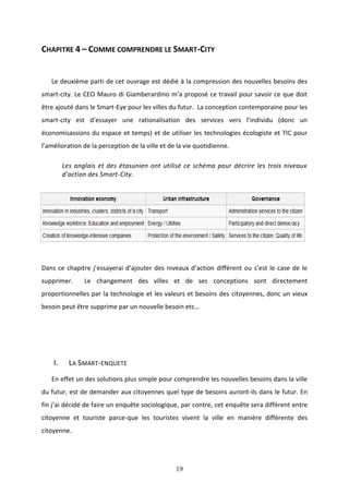 19
CHAPITRE 4 – COMME COMPRENDRE LE SMART-CITY
Le deuxième parti de cet ouvrage est dédié à la compression des nouvelles besoins des
smart-city. Le CEO Mauro di Giamberardino m’a proposé ce travail pour savoir ce que doit
être ajouté dans le Smart-Eye pour les villes du futur. La conception contemporaine pour les
smart-city est d’essayer une rationalisation des services vers l’individu (donc un
économisassions du espace et temps) et de utiliser les technologies écologiste et TIC pour
l’amélioration de la perception de la ville et de la vie quotidienne.
Les anglais et des étasunien ont utilisé ce schéma pour décrire les trois niveaux
d’action des Smart-City.
Dans ce chapitre j’essayerai d’ajouter des niveaux d’action diffèrent ou s’est le case de le
supprimer. Le changement des villes et de ses conceptions sont directement
proportionnelles par la technologie et les valeurs et besoins des citoyennes, donc un vieux
besoin peut être supprime par un nouvelle besoin etc…
I. LA SMART-ENQUETE
En effet un des solutions plus simple pour comprendre les nouvelles besoins dans la ville
du futur, est de demander aux citoyennes quel type de besoins auront-ils dans le futur. En
fin j’ai décidé de faire un enquête sociologique, par contre, cet enquête sera diffèrent entre
citoyenne et touriste parce-que les touristes vivent la ville en manière différente des
citoyenne.
 