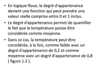 • En logique floue, le degré d'appartenance
devient une fonction qui peut prendre une
valeur réelle comprise entre 0 et 1 inclus.
• Le degré d’appartenance permet de quantifier
le fait que la température puisse être
considérée comme moyenne.
• Dans ce cas, la température peut être
considérée, à la fois, comme faible avec un
degré d'appartenance de 0,2 et comme
moyenne avec un degré d'appartenance de 0,8
( figure 1.2 ).
 
