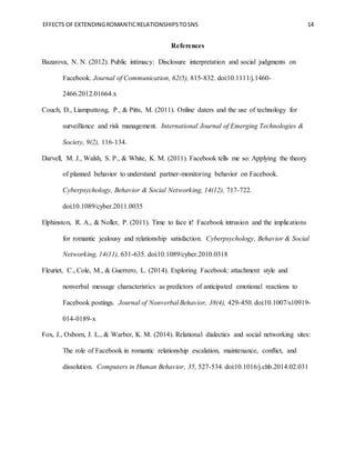 EFFECTS OF EXTENDINGROMANTICRELATIONSHIPSTOSNS 14
References
Bazarova, N. N. (2012). Public intimacy: Disclosure interpretation and social judgments on
Facebook. Journal of Communication, 62(5), 815-832. doi:10.1111/j.1460-
2466.2012.01664.x
Couch, D., Liamputtong, P., & Pitts, M. (2011). Online daters and the use of technology for
surveillance and risk management. International Journal of Emerging Technologies &
Society, 9(2), 116-134.
Darvell, M. J., Walsh, S. P., & White, K. M. (2011). Facebook tells me so: Applying the theory
of planned behavior to understand partner-monitoring behavior on Facebook.
Cyberpsychology, Behavior & Social Networking, 14(12), 717-722.
doi:10.1089/cyber.2011.0035
Elphinston, R. A., & Noller, P. (2011). Time to face it! Facebook intrusion and the implications
for romantic jealousy and relationship satisfaction. Cyberpsychology, Behavior & Social
Networking, 14(11), 631-635. doi:10.1089/cyber.2010.0318
Fleuriet, C., Cole, M., & Guerrero, L. (2014). Exploring Facebook: attachment style and
nonverbal message characteristics as predictors of anticipated emotional reactions to
Facebook postings. Journal of Nonverbal Behavior, 38(4), 429-450. doi:10.1007/s10919-
014-0189-x
Fox, J., Osborn, J. L., & Warber, K. M. (2014). Relational dialectics and social networking sites:
The role of Facebook in romantic relationship escalation, maintenance, conflict, and
dissolution. Computers in Human Behavior, 35, 527-534. doi:10.1016/j.chb.2014.02.031
 