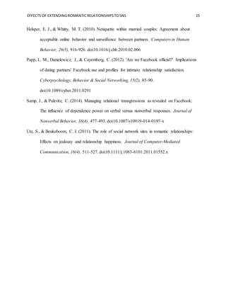 EFFECTS OF EXTENDINGROMANTICRELATIONSHIPSTOSNS 15
Helsper, E. J., & Whitty, M. T. (2010). Netiquette within married couples: Agreement about
acceptable online behavior and surveillance between partners. Computers in Human
Behavior, 26(5), 916-926. doi:10.1016/j.chb.2010.02.006
Papp, L. M., Danielewicz, J., & Cayemberg, C. (2012). 'Are we Facebook official?' Implications
of dating partners' Facebook use and profiles for intimate relationship satisfaction.
Cyberpsychology, Behavior & Social Networking, 15(2), 85-90.
doi:10.1089/cyber.2011.0291
Samp, J., & Palevitz, C. (2014). Managing relational transgressions as revealed on Facebook:
The influence of dependence power on verbal versus nonverbal responses. Journal of
Nonverbal Behavior, 38(4), 477-493. doi:10.1007/s10919-014-0197-x
Utz, S., & Beukeboom, C. J. (2011). The role of social network sites in romantic relationships:
Effects on jealousy and relationship happiness. Journal of Computer-Mediated
Communication, 16(4), 511-527. doi:10.1111/j.1083-6101.2011.01552.x
 