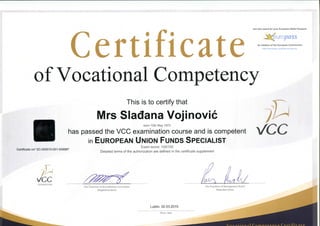 Certificate
of Vocational Competency
Use this award for your European Skills Passport
An initative of the European Commission
http://europass.cedefop.europa.eu
This is to certify that
Mrs Sladana Vojinovic
born 12th May 1973 /
has passed the VCC examination course and is competent V O O
in EUROPEAN UNION FUNDS SPECIALIST
Exam score: 100/100
Certificate no°SC-000010-001-006997 n ^ . •, ^ x r . . . . u ^ r • . u ^ - r .
Detailed terms of the authorization are defined in the certificate supplement
Jcc /M^^^ fi^F O U N D A T I O N V , . . . „ _ „ ™ . . . . ,„™,,...,../. . . . r* '
The Chairman of Accreditation Committee The President of Management Board
fi/lagdalena Karas Radoslaw Panas
Lublin, 02.03.2015
 