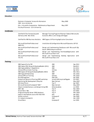 Ahmed Hamza, Technical Team Lead/ Solution Architect CV 6 / 7
Education
Diploma in Computer Science & Information
ISSR - Cairo University
May 2000
B.Sc. in Scientific Computation - Mathematical Department
Faculty of Sciences - Cairo University
May 1997
Certificates
Certified FIT for Partnership with
Germany (Feb- Mar 2016)
Manager TrainingProgramof German Federal Ministry for
Economic Affairs and Energy with Egypt
Certified for IBM Business Analytics IBM Cognos 10 Planning Application Consultant
MicrosoftCertified Professional
MB3-412
Installation & Configuration Microsoft Dynamics GP 9.0
MicrosoftCertified Professional
70-229
Design and Implementing Databases with Microsoft SQL
Server 2000 Enterprise Edition
MicrosoftCertified Professional
70-175
Design and Implementing DistributedApplication with
Microsoft Visual Basic 6.0
MicrosoftCertified Professional
70-176
Design and Implementing Desktop Application with
Microsoft Visual Basic 6.0
Training
IBM CognosClarity FSR IBM Sep 2012
IBM CognosTM1 Design & DevelopModels (V9.5) IBM Nov2011
IBM CognosBIWhat ‘s New(V10.1) IBM Oct 2011
UltimusOfficial Sales Training Ultimus Apr 2011
IBM Cognos EP Design & DevelopModels (V8.4) IBM Mar 2011
IBM CognosBI Workshop IBM Dec 2010
UltimusOfficial Training Ultimus Dec 2010
Risk Management PMI (UK) Apr 2009
Enterprises Resource Planning (ERP) workshop UniversitéFrançaised’Egypte Oct 2007
Optimizing SW development Lifecycles New Horizon May 2007
MS Great Plains Top IT Apr 2007
Microsoft SolutionFramework" MSF " New Horizon May 2007
Object oriented Analysis and design Using UML Delta Academy Jun 2004
ADO .Net Top IT Nov 2003
Visual Basic .Net Top IT Oct 2003
Programming SQL Server 2000 database Top IT Mar 2003
English intermediate course 301+302+303 AUC Apr 2001
System analysis Compuprof Sep 2000
C++ (object oriented C) ISSR Dec 1999
Visual Basic Compuprof Jun 1999
 