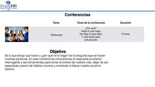 Conferencias
Tema Título de la conferencia Duración
•
Motivación
¿Por qué?
Hago lo que hago
No hago lo que debo
Y qué hacer para
solucionarlo
3 horas
Objetivo
Se lo que tengo que hacer y ¿por qué no lo hago? es la pregunta que se hacen
muchas personas. En esta conferencia conoceremos la respuesta al anterior
interrogante y las herramientas para tomar el control de nuestra vida, dejar de ser
espectador pasivo de hábitos nocivos y comenzar a liderar nuestro proximo
destino.
 