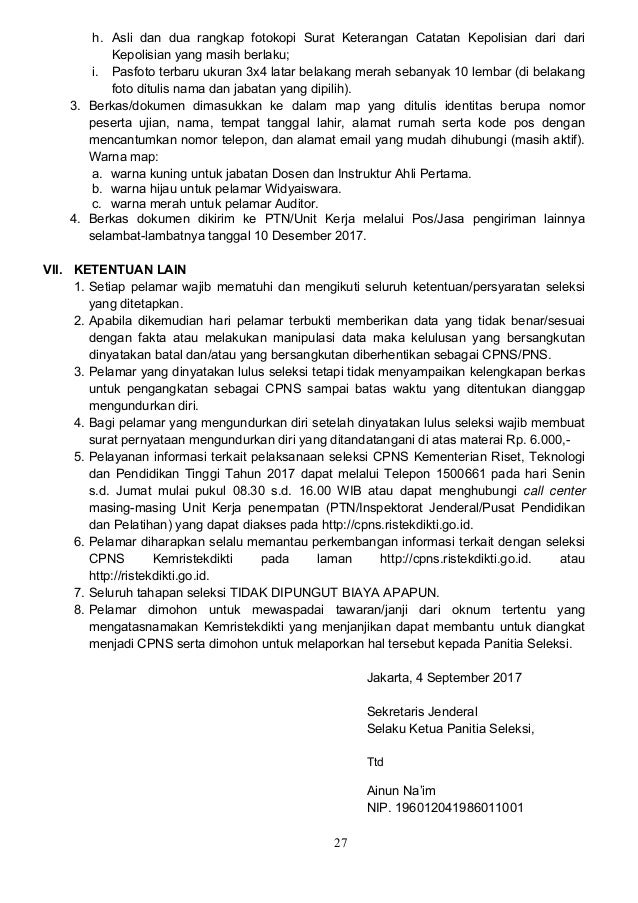 Pengumuman Seleksi CPNS Kementerian Riset, Teknologi dan 