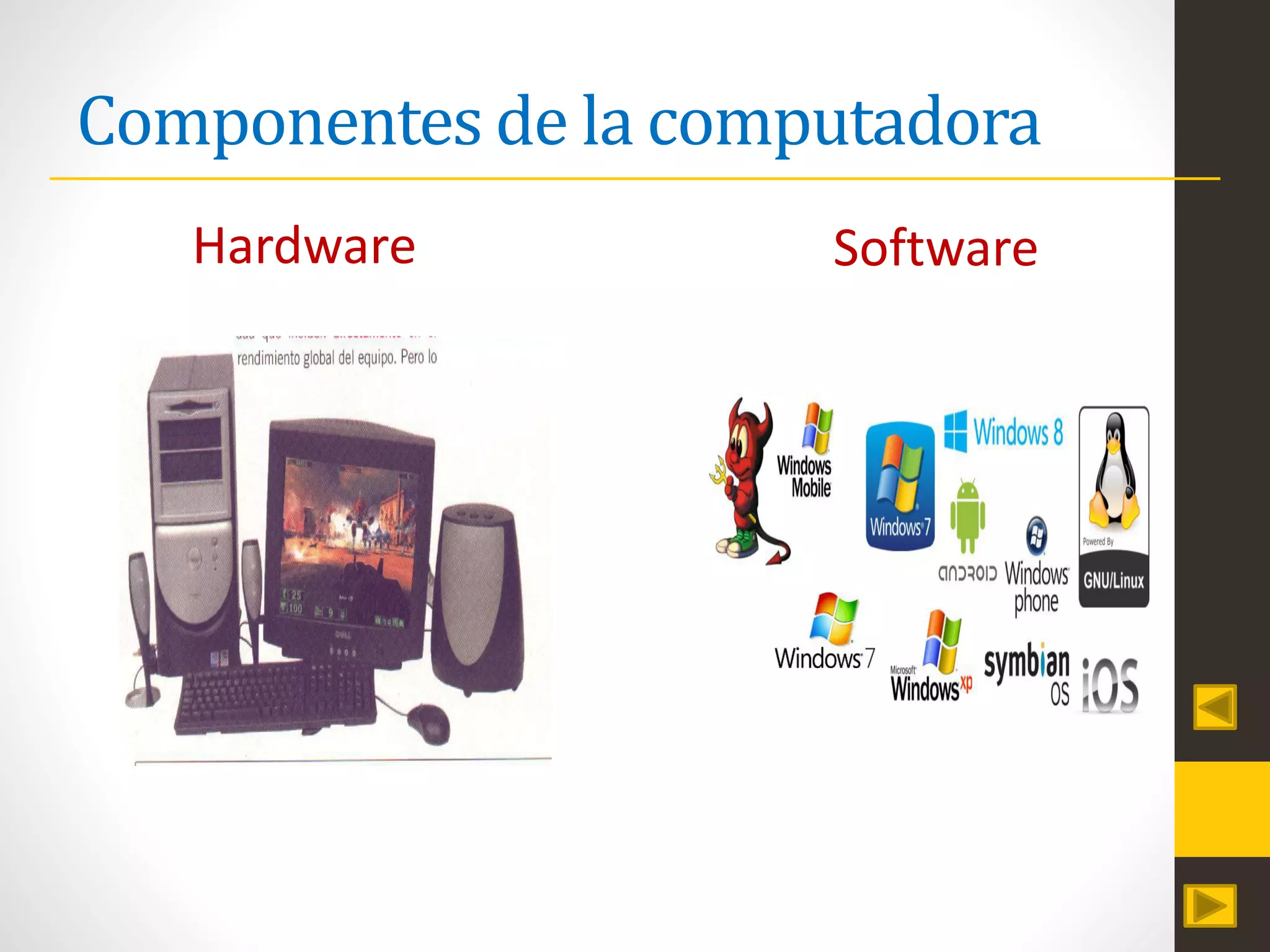 Componentes de la computadora
Hardware Software
 