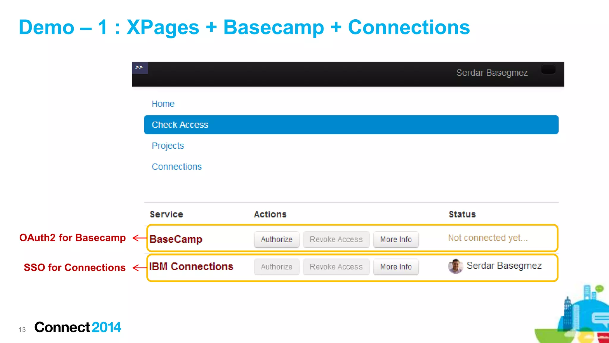 Demo – 1 : XPages + Basecamp + Connections
13
OAuth2 for Basecamp
SSO for Connections
 