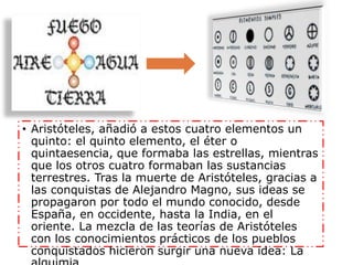 • Aristóteles, añadió a estos cuatro elementos un
quinto: el quinto elemento, el éter o
quintaesencia, que formaba las estrellas, mientras
que los otros cuatro formaban las sustancias
terrestres. Tras la muerte de Aristóteles, gracias a
las conquistas de Alejandro Magno, sus ideas se
propagaron por todo el mundo conocido, desde
España, en occidente, hasta la India, en el
oriente. La mezcla de las teorías de Aristóteles
con los conocimientos prácticos de los pueblos
conquistados hicieron surgir una nueva idea: La
 