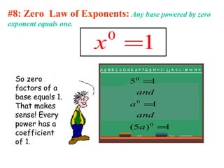 #8: Zero Law of Exponents: Any base powered by zero
exponent equals one.
0
1x =
1)5(
1
15
0
0
0
=
=
=
a
and
a
and
So zero
factors of a
base equals 1.
That makes
sense! Every
power has a
coefficient
of 1.
 
