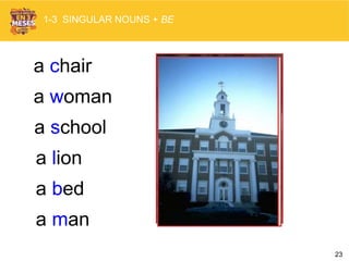23
1-3 SINGULAR NOUNS + BE
a chair
a woman
a school
a lion
a bed
a man
 