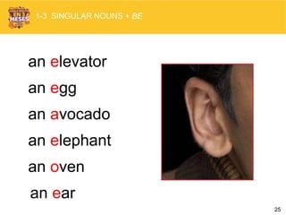 25
1-3 SINGULAR NOUNS + BE
an elevator
an egg
an avocado
an elephant
an oven
an ear
 