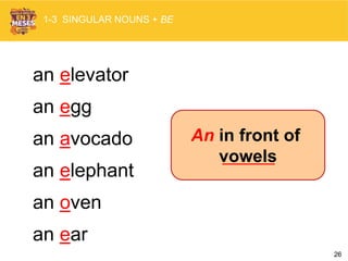 26
an elevator
1-3 SINGULAR NOUNS + BE
an egg
an avocado
an elephant
an oven
an ear
An in front of
vowels
 