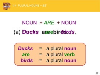 35
(a) Ducks are birds.(a) Ducks are birds.
1-4 PLURAL NOUNS + BE
Ducks = a plural noun
are = a plural verb
birds = a plural noun
NOUN + ARE + NOUN
 