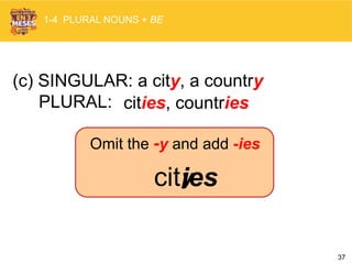 37
(c) SINGULAR: a city, a country
PLURAL: cities, countries
cityies
Omit the -y and add -ies
1-4 PLURAL NOUNS + BE
 