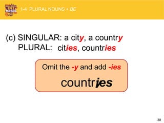 38
(c) SINGULAR: a city, a country
PLURAL: cities, countries
1-4 PLURAL NOUNS + BE
countryies
Omit the -y and add -ies
 