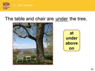 80
The table and chair are _____ the tree.under
1-8 Let’s Practice
at
under
above
on
 