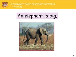 81
An elephant is big.
1-9 SUMMARY: BASIC SENTENCE PATTERNS
WITH BE
 