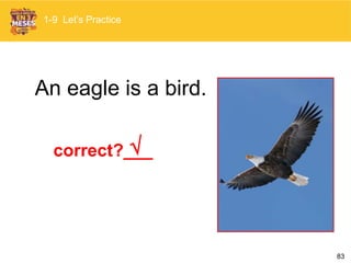 83
An eagle is a bird.

1-9 Let’s Practice
correct?___
 