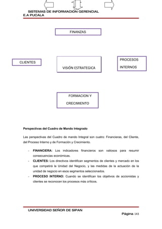 SISTEMAS DE INFORMACION GERENCIAL
 E.A PUCALA




                                   FINANZAS




                                                                      PROCESOS
CLIENTES
                              VISIÓN ESTRATEGICA                      INTERNOS




                                  FORMACION Y

                                CRECIMIENTO




 Perspectivas del Cuadro de Mando Integrado

 Las perspectivas del Cuadro de mando Integral son cuatro: Financieras, del Cliente,
 del Proceso Interno y de Formación y Crecimiento.

    -   FINANCIERA: Los indicadores financieros son valiosos para resumir
        consecuencias económicas.
    -   CLIENTES: Los directivos identifican segmentos de clientes y mercado en los
        que competirá la Unidad del Negocio, y las medidas de la actuación de la
        unidad de negocio en esos segmentos seleccionados.
    -   PROCESO INTERNO: Cuando se identifican los objetivos de accionistas y
        clientes se reconocen los procesos más críticos.




    UNIVERSIDAD SEÑOR DE SIPAN
                                                                       Página 143
 