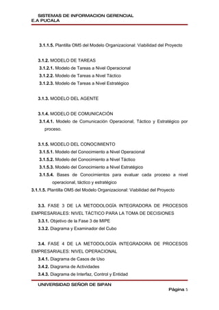 SISTEMAS DE INFORMACION GERENCIAL
E.A PUCALA




   3.1.1.5. Plantilla OM5 del Modelo Organizacional: Viabilidad del Proyecto


   3.1.2. MODELO DE TAREAS
   3.1.2.1. Modelo de Tareas a Nivel Operacional
   3.1.2.2. Modelo de Tareas a Nivel Táctico
   3.1.2.3. Modelo de Tareas a Nivel Estratégico


   3.1.3. MODELO DEL AGENTE


   3.1.4. MODELO DE COMUNICACIÓN
   3.1.4.1. Modelo de Comunicación Operacional, Táctico y Estratégico por
      proceso.


   3.1.5. MODELO DEL CONOCIMIENTO
   3.1.5.1. Modelo del Conocimiento a Nivel Operacional
   3.1.5.2. Modelo del Conocimiento a Nivel Táctico
   3.1.5.3. Modelo del Conocimiento a Nivel Estratégico
   3.1.5.4. Bases de Conocimientos para evaluar cada proceso a nivel
          operacional, táctico y estratégico
3.1.1.5. Plantilla OM5 del Modelo Organizacional: Viabilidad del Proyecto


   3.3. FASE 3 DE LA METODOLOGÍA INTEGRADORA DE PROCESOS
EMPRESARIALES: NIVEL TÁCTICO PARA LA TOMA DE DECISIONES
   3.3.1. Objetivo de la Fase 3 de MIPE
   3.3.2. Diagrama y Examinador del Cubo


   3.4. FASE 4 DE LA METODOLOGÍA INTEGRADORA DE PROCESOS
EMPRESARIALES: NIVEL OPERACIONAL
   3.4.1. Diagrama de Casos de Uso
   3.4.2. Diagrama de Actividades
   3.4.3. Diagrama de Interfaz, Control y Entidad

   UNIVERSIDAD SEÑOR DE SIPAN
                                                                      Página 5
 