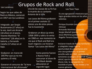 Grupos de Rock and RollLos Lunáticos
Según los que sabes de
Rock en México, comenzó
en 1957 con los Lunáticos
Integrado por Sergio
Bustamante (17 años) en
la voz, José Luis Arcaraz
(18 años) en el piano,
Vicente Martínez "El
vitaminas" (18 años) en la
batería, y Fernando
Cataño (17 años) en el
bajo.
Grabaron: en marzo de
1957Por que ya no me
quieres y El reloj
Ganaron el concurso de "la hora
internacional del aficionado"
Como premio fueron
a Nueva York a
concursar al show de
Ted Mack donde
obtuvieron el
segundo lugar.
Grabaron un disco Lp entre
1958-1959 y salió a la venta
en 1960 en ese momento se
vio que el Rock and Roll era
buen negocio y se hicieron
llamar “Los Locos del Ritmo”
Los Locos del Ritmo grabaron
en el primer acetato 12
piezas una de estas piezas
fue la Cucaracha
Una de las causas de su fin fue
la muerte de su cantante
Antonio de la Villa
Los Teen Tops
Es una agrupación mexicana que
logro grandes éxitos en los años
setentas
Enrique Guzmán (voz y guitarra
rítmica)
Armando Martínez (batería)
Sergio Martell (piano)
Jesus Martínez guitarra solista)
Rogelio Tenorio (bajo)
Iniciaron través de fiestas familiares
y colegiales luego legó la
oportunidad de presentarse ante
una casa grabadora, su primer
sencillo salió en 1960 contenía las
canciones La plaga y El rock de la
cárcel, que le siguieron de seis
discos más. la agrupación ha
resistido el paso de las modas y los
nuevos géneros
 