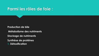 Parmi les rôles de foie :
Production de bile
Métabolisme des nutriments
Stockage de nutriments
Synthèse de protéines
1. Détoxification
 
