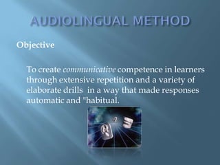 Objective

  To create communicative competence in learners
  through extensive repetition and a variety of
  elaborate drills in a way that made responses
  automatic and "habitual.
 