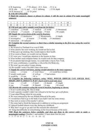6/ B. beginning ; 7/ D. almost ; 8/ C. from ; 9/ A. to
10/ D. side ; 11/ A. and ; 12/ C. defining ; 13/ B. depth
14/ D. because of ; 15/ D. point
B. USE OF ENGLISH:
I/ Match the sentences, clauses or phrases in column A with the ones in column B to make meaningful
sentences:
1 2 3 4 5 6 7 8 9 10
D H J A F G C I E B
II/ Fill each gap with a suitable word from the list below:
1/ contribute ; 2/ breath ; 3/ medical ; 4/ world ; 5/ threatened
6/ surfaced ; 7/ concern ; 8/ sparingly ; 9/ heat ; 10/ couple
III/ Supply the correct form of the word in brackets:
1/ nervous ; 2/ destructive ; 3/ Mysteriously ; 4/ depth
5/ investigative ; 6/ tourist ; 7/ worldly ; 8/ attendance
9/ interaction ; 10/ indicator
IV/ Complete the second sentence so that it has a similar meaning to the first one, using the word in
brackets:
1/ We’d travel to Thailand if we won $ 5000.
2/ If his electric fan were working, he would not feel so hot.
3/ If they gave up smoking, they would improve their health.
4/ If we went to Hanoi, we would visit our friends.
5/ If I were you, I would pay attention to the lessons in class.
6/ If her brother used computer better, he would work for that company.
7/ If our parents had enough money, we could make a trip to New York.
8/ If I were a millionaire, I could buy a villa in Ho Chi Minh city.
9/ We won’t go out unless it stops raining.
10/ He wouldn’t write if he didn’t hear some news.
V/ Supply the correct verb tense, paying careful attention to the tense sequence:
1/ comes ; 2/ were ; 3/ won’t have ; 4/ would have written
5/ would/ could catch ; 6/ will go ; 7/ had written
8/ would be ; 9/ saw ; 10/ is
VI/ Complete the following sentences, using “WILL, WOULD, SHOULD, CAN, COULD, MAY,
MIGHT, DON’T, DOESN’T, WAS”. Each word is used only once:
1/ was ; 2/ will ; 3/ don't ; 4/ should ; 5/ might
6/ can ; 7/ would ; 8/ Doesn't ; 9/ may ; 10/ could
VII/ Rewrite the sentences using the word in brackets, beginning as shown:
1/ It isn’t worth asking Ms. Hoa to help.
2/ Linh’s parents wouldn’t/ didn’t let/ refused to let her buy/ get a cell phone.
3/ Loan asked Phong where he was going.
4/ We were annoyed by the way Khanh behaved at the party.
5/ I would have had to go to the bank if you hadn’t lent me some money.
6/ Huy took no notice of his teacher’s advice.
7/ His sister had to finish the homework in addition to writing an assignment.
8/ I played football almost every day during my childhood.
9/ Why don’t we go to/ go and visit the museum this afternoon?
10/ Trang had difficulty in concentrating on her lesson because of the noise.
VIII/ Read the sentences below carefully, and then put them in the correct order to make a
meaningful reading: (Number 1 and number 12 have done first for you)
1 – 3 – 5 – 4 – 6 – 2 – 7 – 9 – 11 – 8 – 10 – 12
UNIT 10
CONSERVATION
115
 