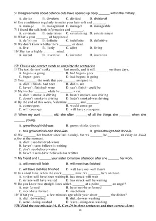 5/ Disagreements about defence cuts have opened up deep _______ within the military.
A. divide B. divisions C. divided D. divisional
6/ Use conditioner regularly to make your hair soft and _______.
A. manage B. management C. manager D. manageable
7/ I found the talk both informative and _______.
A. entertain B. entertainer C. entertaining D. entertainment
8/ What’s your _______ of happiness?
A. definition B. definite C. indefinite D. definitive
9/ We don’t know whether he’s _______ or dead.
A. live B. lively C. alive D. living
10/ She has a highly _______ mind.
A. invent B. inventive C. inventor D. invention
VI/ Choose the correct words to complete the sentences:
1/ The taxi drivers’ strike _______ last month, and it still _______ on these days.
A. began- is going B. had begun- goes
C. began- goes D. had begun- is going
2/ You _______ the work that you _______ assigned to.
A. didn’t finish- had been B. don’t- are
C. haven’t finished- were D. can’t finish- could be
3/ My teacher _______ while he _______ a car.
A. didn’t smoke-is driving B. hasn’t smoked-was driving
C. doesn’t smoke-is driving D. hadn’t smoked-was driving
4/ By the end of this week, Valentine _______ and _______.
A. comes-goes B. would come-go
C. will come-go D. will have come-gone
5/ When my aunt _______ old, she often _______ of all the things she _______ when she
_______ young.
A. grew-thought-did-was B. grows-thinks-does-is
C. has grown-thinks-had done-was D. grows-thought-had done-is
6/ We _______ her brother since last Sunday, but we _______ he _______ an essay on Build
a fire at the moment.
A. didn’t see-believed-wrote
B. haven’t seen-believe-is writing
C. don’t see-believe-writes
D. haven’t seen-have believed-has written
7/ My friend and I _______ your sister tomorrow afternoon after she _______ her work.
A. will meet-will finish B. will meet-has finished
C. will have met-has finished D. will have met-will finish
8/ In a short time, when the clock _______ nine, we _______ here an hour.
A. strikes-will have been waiting B. has struck-will wait
C. strikes-will have waited D. has struck-will be waiting
9/ Do you know two straight lines which _______ at a point _______ an angel?
A. met-formed B. have met-have formed
C. meet-have formed D. meet-form
10/ What you _______ a few minutes ago while your sister _______ the dishes?
A. did...do-washed B. did...do-was washing
C. were...doing-washed D. were...doing-was washing
VII/ Find the one mistake (A, B, C or D) in these sentences and then correct them:
28
 