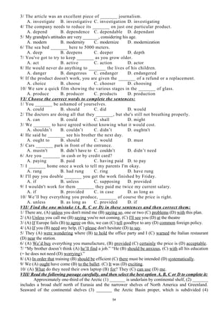 3/ The article was an excellent piece of _______ journalism.
A. investigate B. investigative C. investigation D. investigating
4/ The company needs to reduce its _______ on just one particular product.
A. depend B. dependence C. dependable D. dependant
5/ My grandpa's attitudes are very _______, considering his age.
A. modern B. modernity C. modernize D. modernization
6/ The sea bed _______ here to 5000 meters.
A. deep B. deepens C. deeper D. depth
7/ You've got to try to keep _______ as you grow older.
A. act B. active C. action D. actor
8/ He would never do anything to _______ the lives of his children.
A. danger B. dangerous C. endanger D. endangered
9/ If the product doesn't work, you are given the _______ of a refund or a replacement.
A. choice B. choose C. chooser D. choosing
10/ We saw a quick film showing the various stages in the _______ of glass.
A. produce B. producer C. products D. production
VI/ Choose the correct words to complete the sentences:
1/ You _______ be ashamed of yourselves.
A. could B. should C. did D. would
2/ The doctors are doing all that they _______, but she's still not breathing properly.
A. can B. could C. shall D. might
3/ We _______ to have agreed without knowing what it would cost.
A. shouldn’t B. couldn’t C. didn’t D. oughtn't
4/ He said he _______ see his brother the next day.
A. ought to B. should C. would D. must
5/ Cars _______ park in front of the entrance.
A. mustn't B. didn’t have to C. couldn’t D. didn’t need
6/ Are you _______ in cash or by credit card?
A. paying B. paid C. having paid D. to pay
7/ I _______ home once a week to tell my parents I'm okay.
A. rang B. had rung C. ring D. have rung
8/ I'll pay you double _______ you get the work finished by Friday.
A. if B. unless C. supposing D. provided
9/ I wouldn't work for them _______ they paid me twice my current salary.
A. if B. provided C. in case D. as long as
10/ We’ll buy everything you produce, _______ of course the price is right.
A. unless B. as long as C. provided D. if
VII/ Find the one mistake (A, B, C or D) in these sentences and then correct them:
1/ There are, (A) unless you don't mind me (B) saying so, one or two (C) problems (D) with this plan.
2/ (A) Unless you call me (B) saying you're not coming, (C) I'll see you (D) at the theatre
3/ (A) If Europe fails (B) to agree on this, we can (C) tell goodbye to any (D) common foreign policy.
4/ (A) If you (B) need any help, (C) please don't hesitate (D) to say.
5/ They (A) were wondering where (B) to hold the office party and I (C) warned the Italian restaurant
(D) near the station.
6/ (A) We’d buy everything you manufacture, (B) provided (C) certainly the price is (D) acceptable.
7/ “My brother doesn’t think (A) he’ll find a job.” “He (B) should be anxious, (C) with all his education
(= he does not need (D) worrying).”
8/ (A) In order that training (B) should be efficient (C) there must be intended (D) systematically.
9/ We (A) ought have come (B) to the ballet. (C) It was (D) exciting.
10/ (A) What do they need their own laptop (B) for? They (C) can use (D) me.
VIII/ Read the following passage carefully, and then select the best option A, B, C or D to complete it:
Approximately one-third of the Arctic (1) _______ is underlain by continental shelf, (2) _______
includes a broad shelf north of Eurasia and the narrower shelves of North America and Greenland.
Seaward of the continental shelves (3) _______ the Arctic Basin proper, which is subdivided (4)
54
 