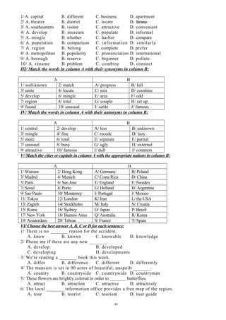 1/ A. capital B. different C. business D. apartment
2/ A. theater B. district C. locate D. famous
3/ A. southeastern B. visitor C. attractive D. convenient
4/ A. develop B. museum C. populate D. informal
5/ A. mingle B. whether C. harbor D. compare
6/ A. population B. comparison C. information D. similarly
7/ A. region B. belong C. complete D. prefer
8/ A. metropolitan B. popularity C. pronunciation D. international
9/ A. borough B. reserve C. beginner D. pollute
10/ A. rename B. problem C. combine D. connect
III/ Match the words in column A with their synonyms in column B:
A B
1/ well-known 2/ match A/ progress B/ full
3/ unite 4/ locate C/ mix D/ combine
5/ develop 6/ mingle E/ area F/ odd
7/ region 8/ total G/ couple H/ set up
9/ found 10/ unusual I/ settle J/ famous
IV/ Match the words in column A with their antonyms in column B:
A B
1/ central 2/ develop A/ less B/ unknown
3/ mingle 4/ fine C/ recede D/ lazy
5/ more 6/ total E/ separate F/ partial
7/ unusual 8/ busy G/ ugly H/ external
9/ attractive 10/ famous I/ dull J/ common
V/ Match the cities or capitals in column A with the appropriate nations in column B:
A B
1/ Warsaw 2/ Hong Kong A/ Germany B/ Poland
3/ Madrid 4/ Munich C/ Costa Rica D/ China
5/ Paris 6/ San Jose E/ England F/ Sweden
7/ Seoul 8/ Porto G/ Holland H/ Argentina
9/ Sao Paulo 10/ Monterrey I/ Portugal J/ Mexico
11/ Tokyo 12/ London K/ Iran L/ the USA
13/ Zagreb 14/ Stockholm M/ Italy N/ Croatia
15/ Rome 16/ Sydney O/ Japan P/ Brazil
17/ New York 18/ Buenos Aires Q/ Australia R/ Korea
19/ Amsterdam 20/ Tehran S/ France T/ Spain
VI/ Choose the best answer A, B, C or D for each sentence:
1/ There is no _______ reason for the accident.
A. know B. known C. knowable D. knowledge
2/ Phone me if there are any new _______.
A. develop B. developed
C. developing D. developments
3/ We're reading a _______ book this week.
A. differ B. difference C. different D. differently
4/ The mansion is set in 90 acres of beautiful, unspoilt _______.
A. country B. countryside C. countrywide D. countryman
5/ These flowers are brightly colored in order to _______ butterflies.
A. attract B. attraction C. attractive D. attractively
6/ The local _______ information office provides a free map of the region.
A. tour B. tourist C. tourism D. tour guide
91
 