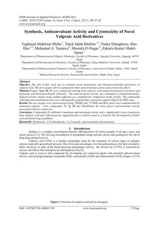 IOSR Journal of Applied Chemistry (IOSR-JAC)
e-ISSN: 2278-5736.Volume 10, Issue 4 Ver. I (April. 2017), PP 37-45
www.iosrjournals.org
DOI: 10.9790/5736-1004013745 www.iosrjournals.org 37 |Page
Synthesis, Anticonvulsant Activity and Cytotoxicity of Novel
Valproic Acid Derivatives
Taghreed Abdelstar Sheha 1
, Tarek Salah Ibrahim 1,2
, Nader Elmaghwry Abo-
Dya 1,3
, Mohamed A. Tantawy4
, Mostafa El-Nagar 4
, Zakaria Kamel Abdel-
Samii 1
1
Department of Pharmaceutical Organic Chemistry, Faculty of Pharmacy, Zagazig University, Zagazig, 44519,
Egypt
2
Department of Pharmaceutical Chemistry, Faculty of Pharmacy, King Abdulaziz University, Jeddah, 21589,
Saudi Arabia
3
Department of Pharmaceutical Chemistry, Faculty of Pharmacy, University of Tabuk, Tabuk, 71491, Saudi
Arabia
4
Medical Research Division, National Research Centre, Dokki, Giza, Egypt
Abstract:
Objective: The aim of this work was to construct novel hydrazones and thiosemsicarbazide derivatives of
valproic acid. The new targets will be evaluated for their anticonvulsant activity and cytotoxicity effects.
Methods:Targets 7a-k, 10. 11 were synthesized starting from valproic acid using benzotriazole activation and
hydrazide and thiosemicarbazide chemistry. The anticonvulsant activity was evaluated by pentylenetetrazole-
induced seizures modes using sodium valproate as a standard for comparison of the activity. The compounds
with high anticonvulsant activity were subsequently examined for cytotoxicity against HepG2 by MTT assay.
Results:The new targets were characterized using 1
HNMR and 13
CNMR and their purity were authenticated by
elemental analysis. Four compounds 7e, 7j, 10 and 11exhibited the most potent anticonvulsant activity
associated with low cytotixicity.
Conclusion: Compounds 11 exhibited a moderate anticonvulsant activity and a significantly lower cytotoxicity
than valproic acid and 5-fluorouracile suggesting that it could be used as a lead for the development of better
anticonvulsant drug candidates.
Keywords: Hydrazones, 1,3,4-thiadiazole, 1,2,4-triazole, anticonvulsant and anticancer
I. Introductıon
Epilepsy is a complex neurological disorder affecting about 50 million people of all ages, races, and
social classes [1-3]. The life long consumption of antiepileptic drugs and their divers side predisposes the risk of
drug-drug interaction [4,5].
Valproic acid (VPA) is a leading antiepileptic drug for the treatment of various types of epileptic
seizures especially generalized seizures. One of its main advantages over benzodiazepines is the lack of sedative
effect. However, in spite of the broad spectrum antiepileptic activity, the clinical use of VPA, is restricted by
serious side effects like teratogenicity and hepatotoxicity [6].
Valproic acid is used as lead compound for developing new improved agents with potential anticonvulsant
activity such as propylisopropyl acetamide (PID), valrocemide (VGD) and valnoctamide (VCD) (Figure 1) [7,8]
.
Figure 1: Structure of valproic acid and its analogues.
 