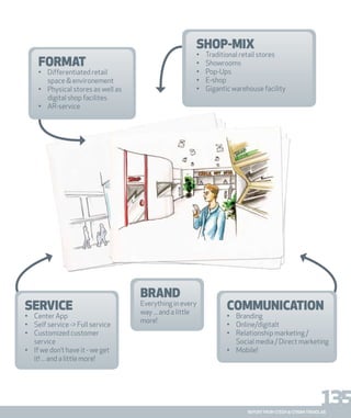 135REPORT FROM STEEN & STRØM TRENDLAB
SERVICE
• Center App
• Self service -> Full service
• Customized customer
service
• If we don’t have it - we get
it! ... and a little more!
COMMUNICATION
• Branding
• Online/digitalt
• Relationship marketing /
Social media / Direct marketing
• Mobile!
BRAND
Everything in every
way ... and a little
more!
SHOP-MIX
• Traditional retail stores
• Showrooms
• Pop-Ups
• E-shop
• Gigantic warehouse facility
FORMAT
• Differentiated retail
space & environement
• Physical stores as well as
digital shop facilites
• AR-service
 
