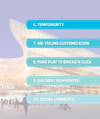 6.TEMPORARITY
7. ME-TAILING CUSTOMIZATION
8. PURE PLAYTO BRICKS’N CLICK
9. DELIVERY REINVENTED
10. SOCIAL COMMERCE
 