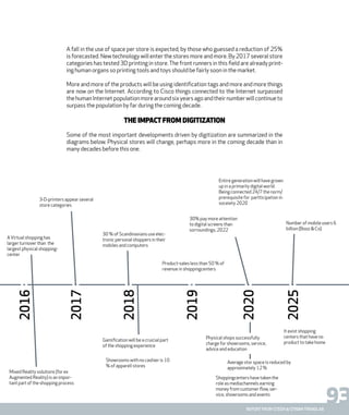93report from steen & strøm trendlab
3-D-printers appear several
store categories
AVirtual shopping has
larger turnover than the
largest physical shopping-
center
Gamification will be a cruicial part
of the shopping experience
30 % of Scandinavians use elec-
tronic personal shoppers in their
mobiles and computers
Product-sales less than 50 % of
revenue in shoppingcenters
Entire generation will have grown
up in a primarily digital world.
Being connected 24/7 the norm/
prerequisite for partticipation in
soceiety 2020
30% pay more attention
to digital screens than
sorroundings, 2022
Number of mobile users 6
billion (Booz & Co)
It exist shopping
centers that have no
product to take home
Shoppingcenters have taken the
role as mediachannels earning
money from customer flow, ser-
vice, showrooms and events
Showrooms with no cashier is 10
% of apparell stores
Mixed Reality solutions (for ex
Augmented Reality) is an impor-
tant part of the shopping process
2016
2017
2020
2025
2019
2018
A fall in the use of space per store is expected, by those who guessed a reduction of 25%
is forecasted. New technology will enter the stores more and more. By 2017 several store
categories has tested 3D printing in store.The front runners in this field are already print-
ing human organs so printing tools and toys should be fairly soon in the market.
More and more of the products will be using identification tags and more and more things
are now on the Internet. According to Cisco things connected to the Internet surpassed
thehumanInternetpopulationmorearoundsixyearsagoandtheirnumberwillcontinueto
surpass the population by far during the coming decade.
The impact from digitization
Some of the most important developments driven by digitization are summarized in the
diagrams below. Physical stores will change, perhaps more in the coming decade than in
many decades before this one.
Average stor space is reduced by
approximately 12 %
Physical shops successfully
charge for showrooms, service,
advice and education
 