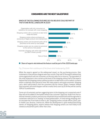 DIGISHIFT 2020
96
CONSUMERS ARETHE NEXTSALESFORCE
Fig. 3 Features that could be part of the future retail landscape by 2020.
While the experts agreed on the widespread impact on the purchasing process, their
statements in the previous diagram were less certain. Over half of the experts believe that
some organizations will use consumers as the only sales force resource.The equivalent of
the retail showroom is less certain on the level of the shopping; almost half of the experts
believethatfullshoppingcenterswithoutproductstotakehomeisstillarealisticscenario
within a relatively short period of time. Not many experts anticipate automatic shopping
carts, which add products that the consumers did not choose. Others, however, believe
that automatic personal shoppers will be a reality fairly soon; by2018 they will be used by
30% of Scandinavians.
Some sort of automatic partner suggesting items to the shopping cart is expected, even if
they will not be added to the basket without the customer’s approval. Aside from the tra-
ditional channels, products and services should also be promoted and sold through what is
sometimes referred to as ”hauling” or brand ambassadors. A trend among shopping cent-
ers has been the “from malls to have-it- alls”. Shopping centers include offices, parks, pub-
lic health care, libraries, cinemas etc. While this development is quite widespread among
owners of shopping places, experts believe that shopping centers are more likely to be
viewed as amusement parks rather than cities.
Share of experts who believed the feature could be part of the 2020 landscape
which of the following features do you believe could be part of
the future retail landscape in 2020?
 