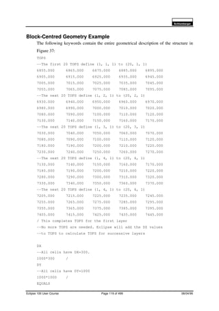 6FKOXPEHUJHU
Eclipse 100 User Course Page 119 of 499 08/04/99
Block-Centred Geometry Example
The following keywords contain the entire geometrical description of the structure in
Figure 37:
TOPS
--The first 20 TOPS define (1, 1, 1) to (20, 1, 1)
6855.000 6865.000 6875.000 6885.000 6895.000
6905.000 6915.000 6925.000 6935.000 6945.000
7005.000 7015.000 7025.000 7035.000 7045.000
7055.000 7065.000 7075.000 7085.000 7095.000
--The next 20 TOPS define (1, 2, 1) to (20, 2, 1)
6930.000 6940.000 6950.000 6960.000 6970.000
6980.000 6990.000 7000.000 7010.000 7020.000
7080.000 7090.000 7100.000 7110.000 7120.000
7130.000 7140.000 7150.000 7160.000 7170.000
--The next 20 TOPS define (1, 3, 1) to (20, 3, 1)
7030.000 7040.000 7050.000 7060.000 7070.000
7080.000 7090.000 7100.000 7110.000 7120.000
7180.000 7190.000 7200.000 7210.000 7220.000
7230.000 7240.000 7250.000 7260.000 7270.000
--The next 20 TOPS define (1, 4, 1) to (20, 4, 1)
7130.000 7140.000 7150.000 7160.000 7170.000
7180.000 7190.000 7200.000 7210.000 7220.000
7280.000 7290.000 7300.000 7310.000 7320.000
7330.000 7340.000 7350.000 7360.000 7370.000
--The next 20 TOPS define (1, 4, 1) to (20, 4, 1)
7205.000 7215.000 7225.000 7235.000 7245.000
7255.000 7265.000 7275.000 7285.000 7295.000
7355.000 7365.000 7375.000 7385.000 7395.000
7405.000 7415.000 7425.000 7435.000 7445.000
/ This completes TOPS for the first layer
--No more TOPS are needed. Eclipse will add the DZ values
--to TOPS to calculate TOPS for successive layers
DX
--All cells have DX=300.
1000*300 /
DY
--All cells have DY=1000
1000*1000 /
EQUALS
 