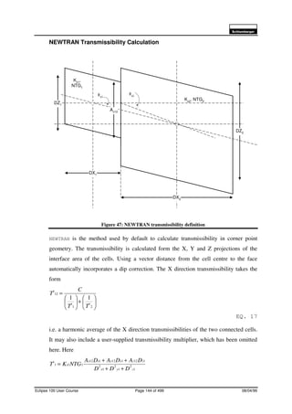 6FKOXPEHUJHU
Eclipse 100 User Course Page 144 of 499 08/04/99
NEWTRAN Transmissibility Calculation
Figure 47: NEWTRAN transmissibility definition
NEWTRAN is the method used by default to calculate transmissibility in corner point
geometry. The transmissibility is calculated form the X, Y and Z projections of the
interface area of the cells. Using a vector distance from the cell centre to the face
automatically incorporates a dip correction. The X direction transmissibility takes the
form






+





=
21
12
11
xx
x
TT
C
T
EQ. 17
i.e. a harmonic average of the X direction transmissibilities of the two connected cells.
It may also include a user-supplied transmissibility multiplier, which has been omitted
here. Here
1
2
1
2
1
2
112112112
111
zyx
zzyyxx
x
x
DDD
DADADA
NTGKT
++
++
=
DX1
DX2
Ax12
θx1
θx2
DZ1
DZ2
Kx2
, NTG2
Kx1
,
NTG1
 