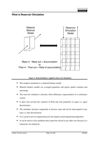 6FKOXPEHUJHU
Eclipse 100 User Course Page 16 of 499 08/04/99
What is Reservoir Simulation
Figure 2: Material Balance Applied to Reservoir Simulation
• The simplest simulation is a material balance model
• Material balance models use averaged quantities and ignore spatial variation and
anisotropy
• The reservoir simulator is discrete, finite difference, representation of a continuous
system
• It takes into account the variation of fluid and rock properties in space i.e. space
discretisation.
• The simulator advances temporally in discrete steps and can be interrogated at any
time i.e. time discretisation.
• It is a good reservoir engineering tool, but requires good engineering judgement
• It can be used to solve problems that cannot be solved in any other way because it is
numerical, not analytical.
Mass in - Mass out = Accumulation
or
Flow in - Flow out = Rate of accumulation
Material
Balance
Model
Reservoir
Simulation
Model
 