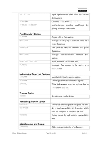 6FKOXPEHUJHU
Eclipse 100 User Course Page 186 of 499 08/04/99
LX, LY, LZ Input representative block sizes for viscous
displacement
LTOSIGMA Calculate SIGMA from LX, LY, LZ.
SIGMAGD, SIGMAGDV Matrix-fracture coupling coefficient for
gravity drainage, vector form
Flux Boundary Option
FLUXNUM Assign cells to flux regions
MULTIREG Multiply an array by a constant value in a
given flux region
EQUALREG Sets specified arrays to constants in a given
flux region
MULTIREGT Multiply transmissibilities between flux
regions
DUMPFLUX, USEFLUX Write, read flux file to, from disc,
FLUXREG Nominate flux regions to be active in a
USEFLUX run
Independent Reservoir Regions
ISOLNUM Identify individual reservoir regions
RESVNUM Specify geometry for individual regions
RPTISOL Write independent reservoir regions data to
.PRT and/or .LOG file.
Thermal Option
THCONR Rock thermal conductivities
Vertical Equilibrium Option
COLLAPSE Specify cells to collapse in collapsed VE runs
CRITPERM Set critical permeability to determine which
cells are collapsed in collapsed VE runs
VEDEBUG Debug output for cell relative permeability
data.
Miscellaneous and Output
ADDZCORN Add a constant to depths of cell corners
 