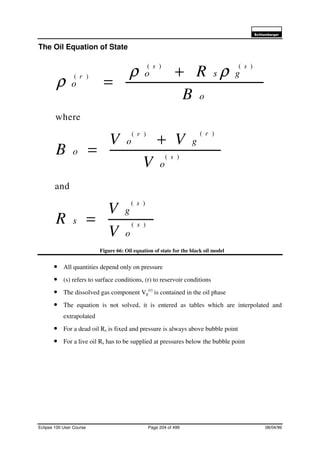 6FKOXPEHUJHU
Eclipse 100 User Course Page 204 of 499 08/04/99
The Oil Equation of State
Figure 66: Oil equation of state for the black oil model
• All quantities depend only on pressure
• (s) refers to surface conditions, (r) to reservoir conditions
• The dissolved gas component Vg
(r)
is contained in the oil phase
• The equation is not solved, it is entered as tables which are interpolated and
extrapolated
• For a dead oil Rs is fixed and pressure is always above bubble point
• For a live oil Rs has to be supplied at pressures below the bubble point
)(
)(
)(
)()(
)()(
)(
and
where
s
s
s
rr
ss
r
o
g
s
o
go
o
o
gso
o
V
V
R
V
VV
B
B
R
=
+
=
+
=
ρρ
ρ
 