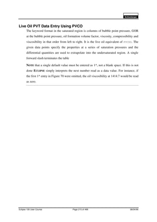 6FKOXPEHUJHU
Eclipse 100 User Course Page 215 of 499 08/04/99
Live Oil PVT Data Entry Using PVCO
The keyword format in the saturated region is columns of bubble point pressure, GOR
at the bubble point pressure, oil formation volume factor, viscosity, compressibility and
viscosibility in that order from left to right. It is the live oil equivalent of PVCDO. The
given data points specify the properties at a series of saturation pressures and the
differential quantities are used to extrapolate into the undersaturated region. A single
forward slash terminates the table
NOTE that a single default value must be entered as 1*, not a blank space. If this is not
done ECLIPSE simply interprets the next number read as a data value. For instance, if
the first 1* entry in Figure 70 were omitted, the oil viscosibility at 1414.7 would be read
as zero.
 