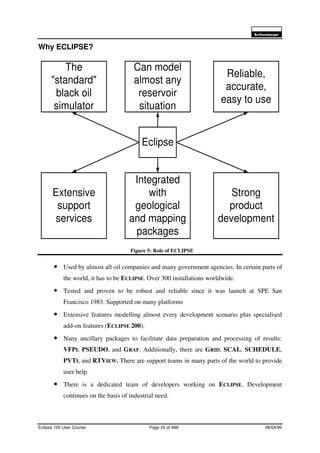 6FKOXPEHUJHU
Eclipse 100 User Course Page 24 of 499 08/04/99
Why ECLIPSE?
Figure 5: Role of ECLIPSE
• Used by almost all oil companies and many government agencies. In certain parts of
the world, it has to be ECLIPSE. Over 300 installations worldwide.
• Tested and proven to be robust and reliable since it was launch at SPE San
Francisco 1983. Supported on many platforms
• Extensive features modelling almost every development scenario plus specialised
add-on features (ECLIPSE 200).
• Nany ancillary packages to facilitate data preparation and processing of results:
VFPI, PSEUDO, and GRAF. Additionally, there are GRID, SCAL, SCHEDULE,
PVTI, and RTVIEW. There are support teams in many parts of the world to provide
user help.
• There is a dedicated team of developers working on ECLIPSE. Development
continues on the basis of industrial need.
Eclipse
The
"standard"
black oil
simulator
Can model
almost any
reservoir
situation
Reliable,
accurate,
easy to use
Integrated
with
geological
and mapping
packages
Extensive
support
services
Strong
product
development
 