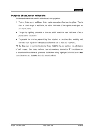 6FKOXPEHUJHU
Eclipse 100 User Course Page 249 of 499 08/04/99
Purpose of Saturation Functions
The saturation function specification has several purposes:
• To specify the upper and lower limits on the saturation of each active phase. This is
used at a later stage to determine the initial saturation of each phase in the gas, oil
and water zones
• To specify capillary pressures so that the initial transition zone saturation of each
phase can be calculated
• To provide the relative permeability data required to calculate fluid mobility and
solve the flow equations between cells and from cell to well and vice versa.
All the data must be supplied in tabular form. ECLIPSE has no facilities for calculation
of rock property data based on input correlations during simulation. If correlations are
to be used the data must be generated beforehand using a pre-processor such as GRID
and included in the ECLIPSE data file in tabular form.
 