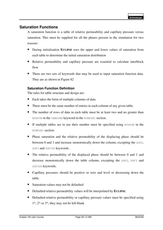6FKOXPEHUJHU
Eclipse 100 User Course Page 251 of 499 08/04/99
Saturation Functions
A saturation function is a table of relative permeability and capillary pressure versus
saturation. This must be supplied for all the phases present in the simulation for two
reasons:
• During initialisation ECLIPSE uses the upper and lower values of saturation from
each table to determine the initial saturation distribution
• Relative permeability and capillary pressure are essential to calculate interblock
flow
• There are two sets of keywords that may be used to input saturation function data.
They are as shown in Figure 82
Saturation Function Definition
The rules for table structure and design are:
• Each takes the form of multiple columns of data
• There must be the same number of entries in each column of any given table.
• The number of rows of data in each table must be at least two and no greater than
NSSFUN in the TABDIMS keyword in the RUNPSEC section.
• If multiple tables are in use their number must be specified using NTSFUN in the
RUNPSEC section.
• Phase saturation and the relative permeability of the displacing phase should be
between 0 and 1 and increase monotonically down the column, excepting the SOF2,
SOF3 and SOF32D keywords.
• The relative permeability of the displaced phase should be between 0 and 1 and
decrease monotonically down the table column, excepting the SOF2, SOF3 and
SOF32D keywords.
• Capillary pressures should be positive or zero and level or decreasing down the
table.
• Saturation values may not be defaulted
• Defaulted relative permeability values will be interpolated by ECLIPSE.
• Defaulted relative permeability or capillary pressure values must be specified using
1*, 2* or 3*; they may not be left blank
 