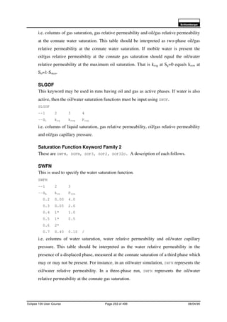 6FKOXPEHUJHU
Eclipse 100 User Course Page 253 of 499 08/04/99
i.e. columns of gas saturation, gas relative permeability and oil/gas relative permeability
at the connate water saturation. This table should be interpreted as two-phase oil/gas
relative permeability at the connate water saturation. If mobile water is present the
oil/gas relative permeability at the connate gas saturation should equal the oil/water
relative permeability at the maximum oil saturation. That is krog at Sg=0 equals krow at
So=1-Swco.
SLGOF
This keyword may be used in runs having oil and gas as active phases. If water is also
active, then the oil/water saturation functions must be input using SWOF.
SLGOF
--1 2 3 4
--Sl krg krog Pcog
i.e. columns of liquid saturation, gas relative permeability, oil/gas relative permeability
and oil/gas capillary pressure.
Saturation Function Keyword Family 2
These are SWFN, SGFN, SOF3, SOF2, SOF32D. A description of each follows.
SWFN
This is used to specify the water saturation function.
SWFN
--1 2 3
--Sw krw Pcow
0.2 0.00 4.0
0.3 0.05 2.0
0.4 1* 1.0
0.5 1* 0.5
0.6 2*
0.7 0.40 0.10 /
i.e. columns of water saturation, water relative permeability and oil/water capillary
pressure. This table should be interpreted as the water relative permeability in the
presence of a displaced phase, measured at the connate saturation of a third phase which
may or may not be present. For instance, in an oil/water simulation, SWFN represents the
oil/water relative permeability. In a three-phase run, SWFN represents the oil/water
relative permeability at the connate gas saturation.
 