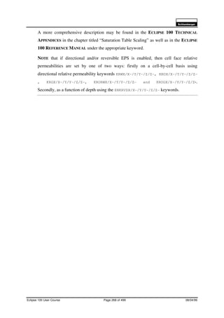 6FKOXPEHUJHU
Eclipse 100 User Course Page 268 of 499 08/04/99
A more comprehensive description may be found in the ECLIPSE 100 TECHNICAL
APPENDICES in the chapter titled “Saturation Table Scaling” as well as in the ECLIPSE
100 REFERENCE MANUAL under the appropriate keyword.
NOTE that if directional and/or reversible EPS is enabled, then cell face relative
permeabilities are set by one of two ways: firstly on a cell-by-cell basis using
directional relative permeability keywords KRWX/X-/Y/Y-/Z/Z-, KROX/X-/Y/Y-/Z/Z-
, KRGX/X-/Y/Y-/Z/Z-, KRORWX/X-/Y/Y-/Z/Z- and KROGX/X-/Y/Y-/Z/Z-.
Secondly, as a function of depth using the ENKRVDX/X-/Y/Y-/Z/Z- keywords.
 
