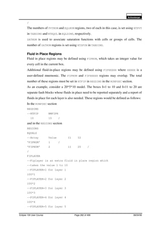 6FKOXPEHUJHU
Eclipse 100 User Course Page 282 of 499 08/04/99
/
The numbers of PVTNUM and EQLNUM regions, two of each in this case, is set using NTPVT
in TABDIMS and NTEQUL in EQLDIMS, respectively.
SATNUM is used to associate saturation functions with cells or groups of cells. The
number of SATNUM regions is set using NTSFUN in TABDIMS.
Fluid in Place Regions
Fluid in place regions may be defined using FIPNUM, which takes an integer value for
every cell in the current box.
Additional fluid-in-place regions may be defined using FIPXXXXX where XXXXX is a
user-defined mnemonic. The FIPNUM and FIPXXXXX regions may overlap. The total
number of these regions must be set in NTFIP in REGDIMS in the RUNPSEC section.
As an example, consider a 20*5*10 model. The boxes I=1 to 10 and I=11 to 20 are
separate fault blocks whose fluids in place need to be reported separately and a report of
fluids in place for each layer is also needed. These regions would be defined as follows:
In the RUNPSEC section
REGDIMS
--NTFIP NMFIPR
10 10 /
and in the REGIONS section
REGIONS
EQUALS
--Array Value I1 I2
’FIPNUM’ 1 /
’FIPNUM’ 2 11 20 /
/
FIPLAYER
--Fiplayer is an extra fluid in place region which
--takes the value 1 to 10
--FIPLAYER=1 for layer 1
100*1
--FIPLAYER=2 for layer 2
100*2
--FIPLAYER=3 for layer 3
100*3
--FIPLAYER=4 for layer 4
100*4
--FIPLAYER=5 for layer 5
 